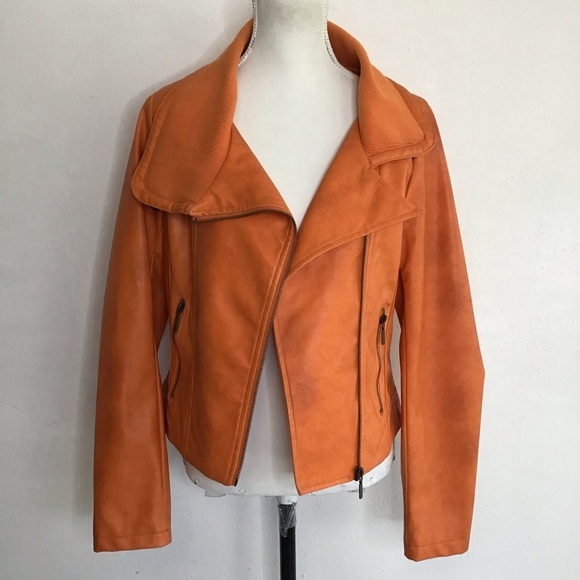 Yoki Jackets & Blazers - YOKI COLLECTION WOMEN ELEGANT VIBRANT ORANGE FAUX LEATHER COLLAR MOTO JACKET M